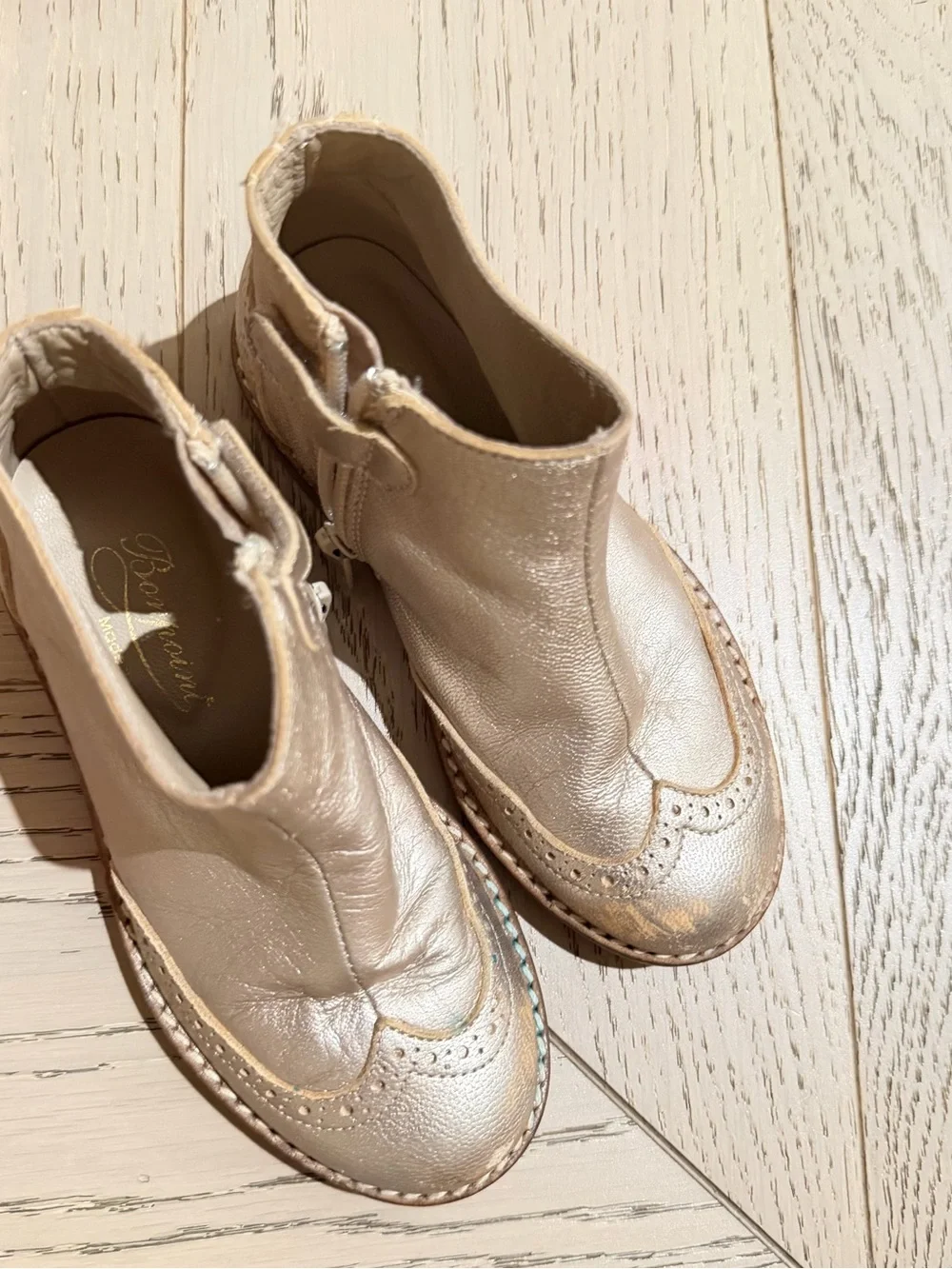 Bonpoint Cream Leather Brogue-Trim Ankle Boots